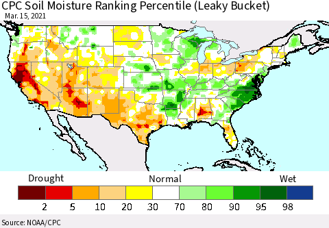 United States CPC Calculated Soil Moisture Ranking Percentile Thematic Map For 3/11/2021 - 3/15/2021