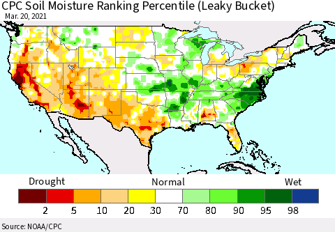 United States CPC Calculated Soil Moisture Ranking Percentile Thematic Map For 3/16/2021 - 3/20/2021