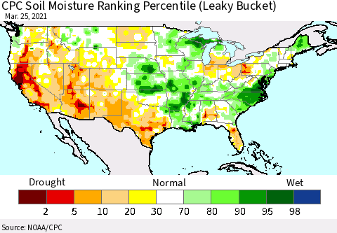 United States CPC Calculated Soil Moisture Ranking Percentile Thematic Map For 3/21/2021 - 3/25/2021