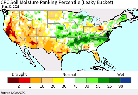 United States CPC Calculated Soil Moisture Ranking Percentile Thematic Map For 3/26/2021 - 3/31/2021