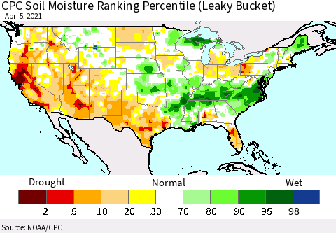 United States CPC Soil Moisture Ranking Percentile (Leaky Bucket) Thematic Map For 4/1/2021 - 4/5/2021