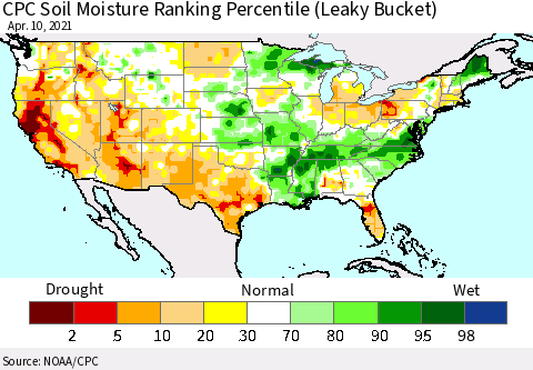 United States CPC Calculated Soil Moisture Ranking Percentile Thematic Map For 4/6/2021 - 4/10/2021