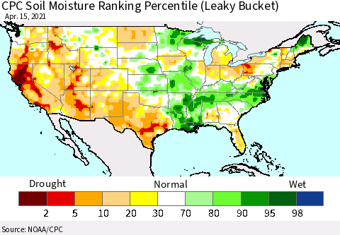 United States CPC Soil Moisture Ranking Percentile (Leaky Bucket) Thematic Map For 4/11/2021 - 4/15/2021