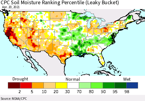 United States CPC Soil Moisture Ranking Percentile (Leaky Bucket) Thematic Map For 4/16/2021 - 4/20/2021