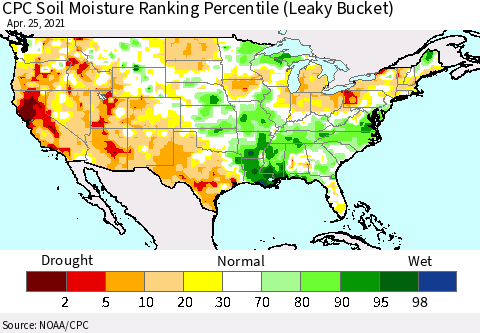 United States CPC Calculated Soil Moisture Ranking Percentile Thematic Map For 4/21/2021 - 4/25/2021