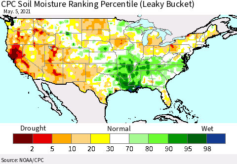 United States CPC Calculated Soil Moisture Ranking Percentile Thematic Map For 5/1/2021 - 5/5/2021