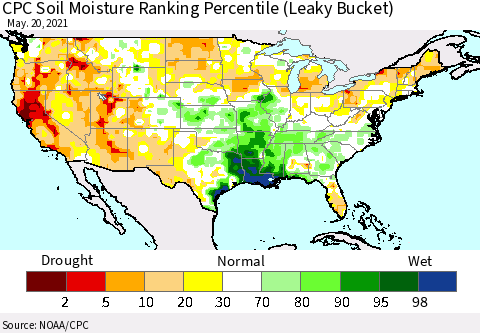 United States CPC Calculated Soil Moisture Ranking Percentile Thematic Map For 5/16/2021 - 5/20/2021