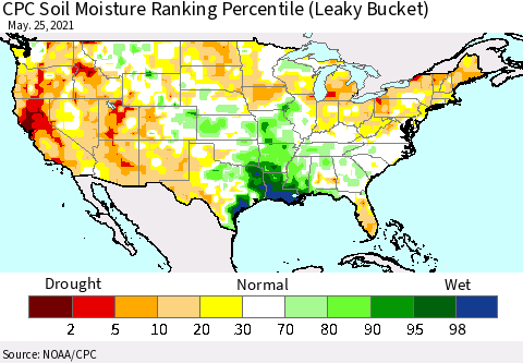 United States CPC Calculated Soil Moisture Ranking Percentile Thematic Map For 5/21/2021 - 5/25/2021