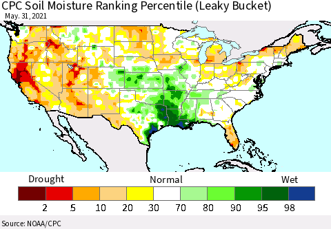 United States CPC Calculated Soil Moisture Ranking Percentile Thematic Map For 5/26/2021 - 5/31/2021