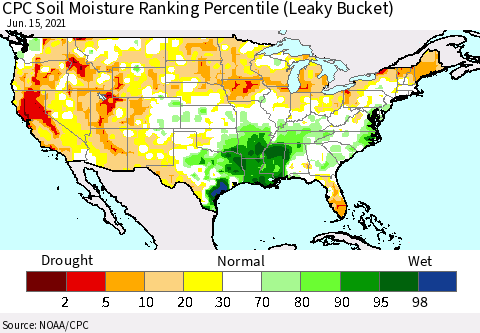 United States CPC Calculated Soil Moisture Ranking Percentile Thematic Map For 6/11/2021 - 6/15/2021
