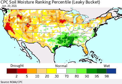 United States CPC Calculated Soil Moisture Ranking Percentile Thematic Map For 6/16/2021 - 6/20/2021