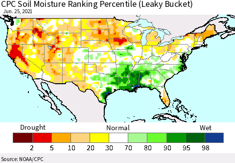 United States CPC Calculated Soil Moisture Ranking Percentile Thematic Map For 6/21/2021 - 6/25/2021