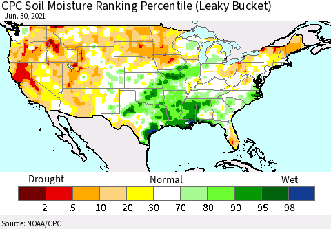 United States CPC Soil Moisture Ranking Percentile (Leaky Bucket) Thematic Map For 6/26/2021 - 6/30/2021