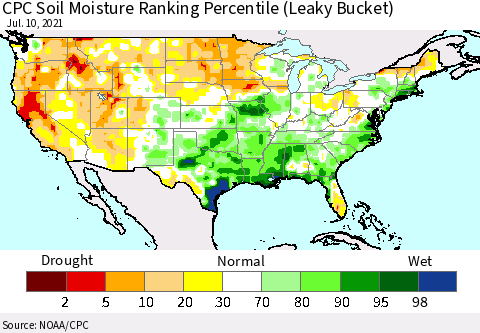 United States CPC Calculated Soil Moisture Ranking Percentile Thematic Map For 7/6/2021 - 7/10/2021