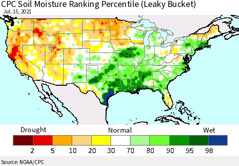 United States CPC Calculated Soil Moisture Ranking Percentile Thematic Map For 7/11/2021 - 7/15/2021