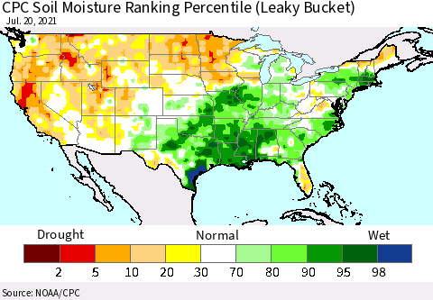United States CPC Calculated Soil Moisture Ranking Percentile Thematic Map For 7/16/2021 - 7/20/2021