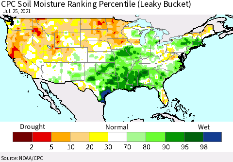 United States CPC Calculated Soil Moisture Ranking Percentile Thematic Map For 7/21/2021 - 7/25/2021