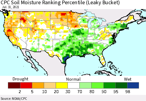 United States CPC Calculated Soil Moisture Ranking Percentile Thematic Map For 7/26/2021 - 7/31/2021