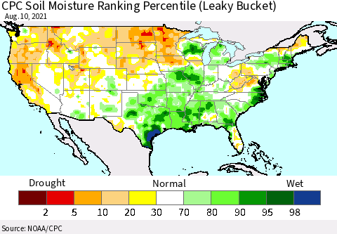 United States CPC Soil Moisture Ranking Percentile (Leaky Bucket) Thematic Map For 8/6/2021 - 8/10/2021