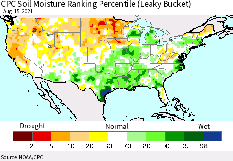 United States CPC Calculated Soil Moisture Ranking Percentile Thematic Map For 8/11/2021 - 8/15/2021
