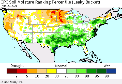 United States CPC Soil Moisture Ranking Percentile (Leaky Bucket) Thematic Map For 8/16/2021 - 8/20/2021