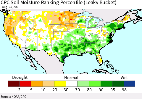 United States CPC Soil Moisture Ranking Percentile (Leaky Bucket) Thematic Map For 8/21/2021 - 8/25/2021