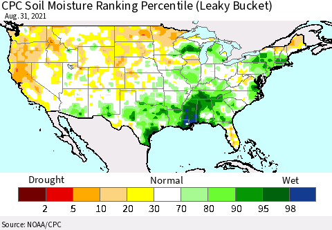 United States CPC Calculated Soil Moisture Ranking Percentile Thematic Map For 8/26/2021 - 8/31/2021
