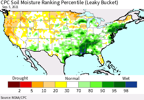 United States CPC Calculated Soil Moisture Ranking Percentile Thematic Map For 9/1/2021 - 9/5/2021