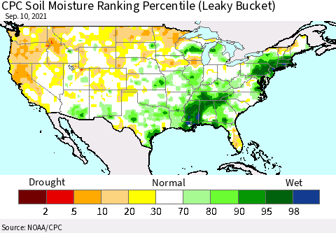 United States CPC Calculated Soil Moisture Ranking Percentile Thematic Map For 9/6/2021 - 9/10/2021