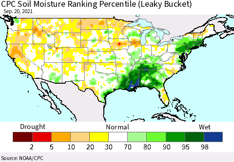 United States CPC Soil Moisture Ranking Percentile (Leaky Bucket) Thematic Map For 9/16/2021 - 9/20/2021