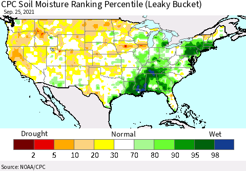 United States CPC Soil Moisture Ranking Percentile (Leaky Bucket) Thematic Map For 9/21/2021 - 9/25/2021
