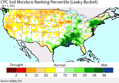 United States CPC Calculated Soil Moisture Ranking Percentile Thematic Map For 10/1/2021 - 10/5/2021