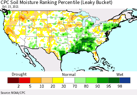 United States CPC Soil Moisture Ranking Percentile (Leaky Bucket) Thematic Map For 10/11/2021 - 10/15/2021