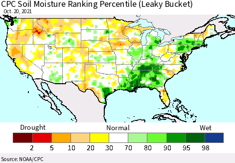 United States CPC Calculated Soil Moisture Ranking Percentile Thematic Map For 10/16/2021 - 10/20/2021