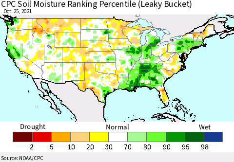 United States CPC Calculated Soil Moisture Ranking Percentile Thematic Map For 10/21/2021 - 10/25/2021