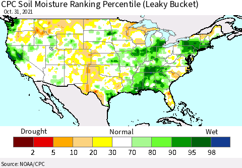 United States CPC Soil Moisture Ranking Percentile (Leaky Bucket) Thematic Map For 10/26/2021 - 10/31/2021