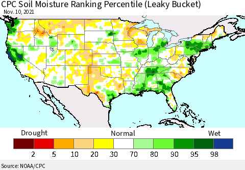 United States CPC Calculated Soil Moisture Ranking Percentile Thematic Map For 11/6/2021 - 11/10/2021