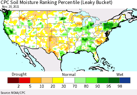 United States CPC Calculated Soil Moisture Ranking Percentile Thematic Map For 11/16/2021 - 11/20/2021