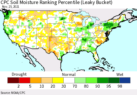 United States CPC Calculated Soil Moisture Ranking Percentile Thematic Map For 11/21/2021 - 11/25/2021