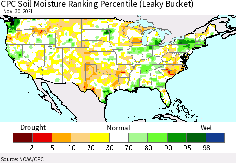 United States CPC Calculated Soil Moisture Ranking Percentile Thematic Map For 11/26/2021 - 11/30/2021