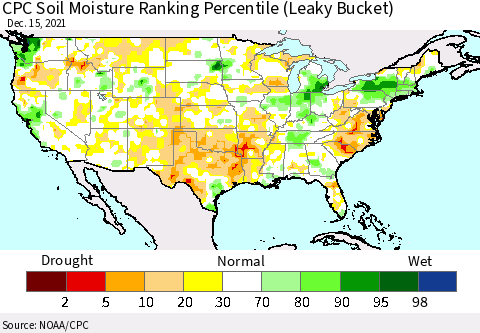 United States CPC Calculated Soil Moisture Ranking Percentile Thematic Map For 12/11/2021 - 12/15/2021