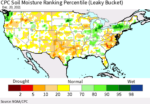 United States CPC Soil Moisture Ranking Percentile (Leaky Bucket) Thematic Map For 12/16/2021 - 12/20/2021