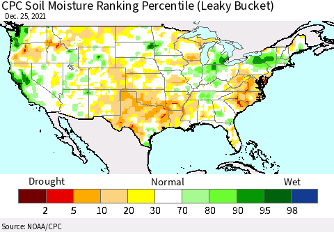 United States CPC Calculated Soil Moisture Ranking Percentile Thematic Map For 12/21/2021 - 12/25/2021