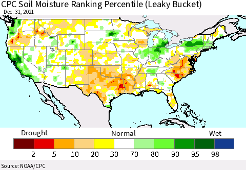 United States CPC Soil Moisture Ranking Percentile (Leaky Bucket) Thematic Map For 12/26/2021 - 12/31/2021