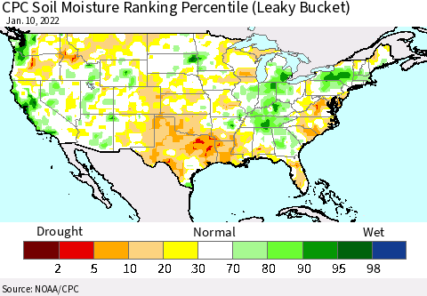 United States CPC Calculated Soil Moisture Ranking Percentile Thematic Map For 1/6/2022 - 1/10/2022