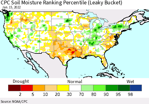 United States CPC Calculated Soil Moisture Ranking Percentile Thematic Map For 1/11/2022 - 1/15/2022