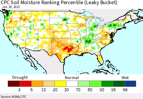 United States CPC Calculated Soil Moisture Ranking Percentile Thematic Map For 1/16/2022 - 1/20/2022