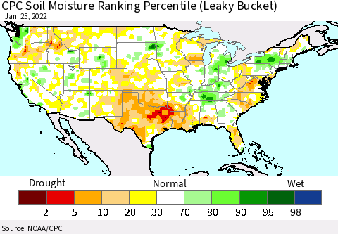 United States CPC Calculated Soil Moisture Ranking Percentile Thematic Map For 1/21/2022 - 1/25/2022