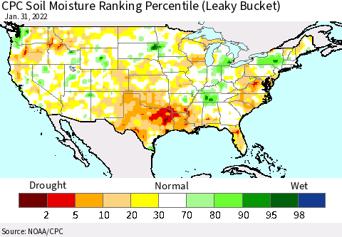 United States CPC Soil Moisture Ranking Percentile (Leaky Bucket) Thematic Map For 1/26/2022 - 1/31/2022