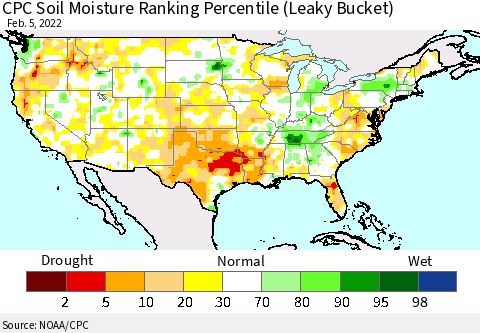 United States CPC Soil Moisture Ranking Percentile (Leaky Bucket) Thematic Map For 2/1/2022 - 2/5/2022